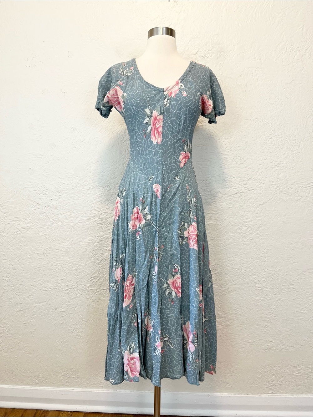 Vintage 90s Y2K Dress Fairy Coquette Cottagecore Blue Pink Floral Midi XS/S